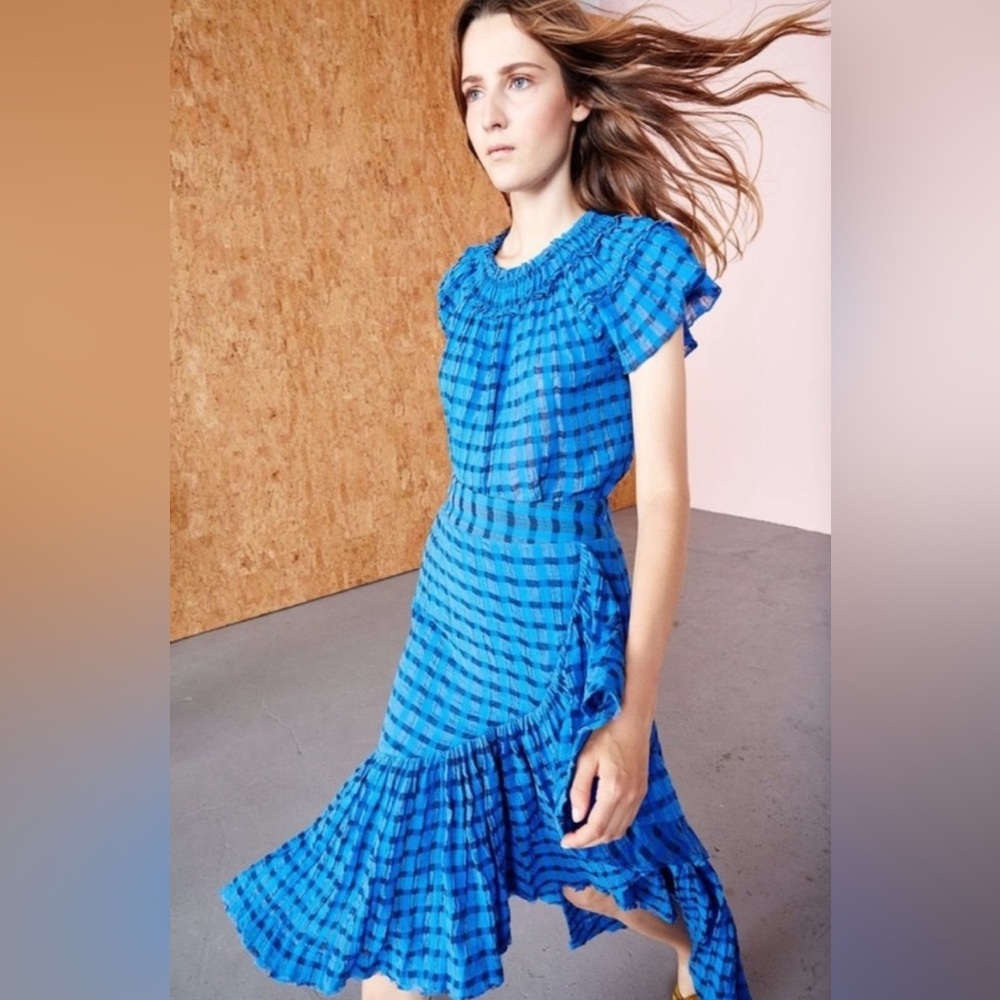 ULLA JOHNSON Blue Plaid Ruffle Blouse and Skirt Set